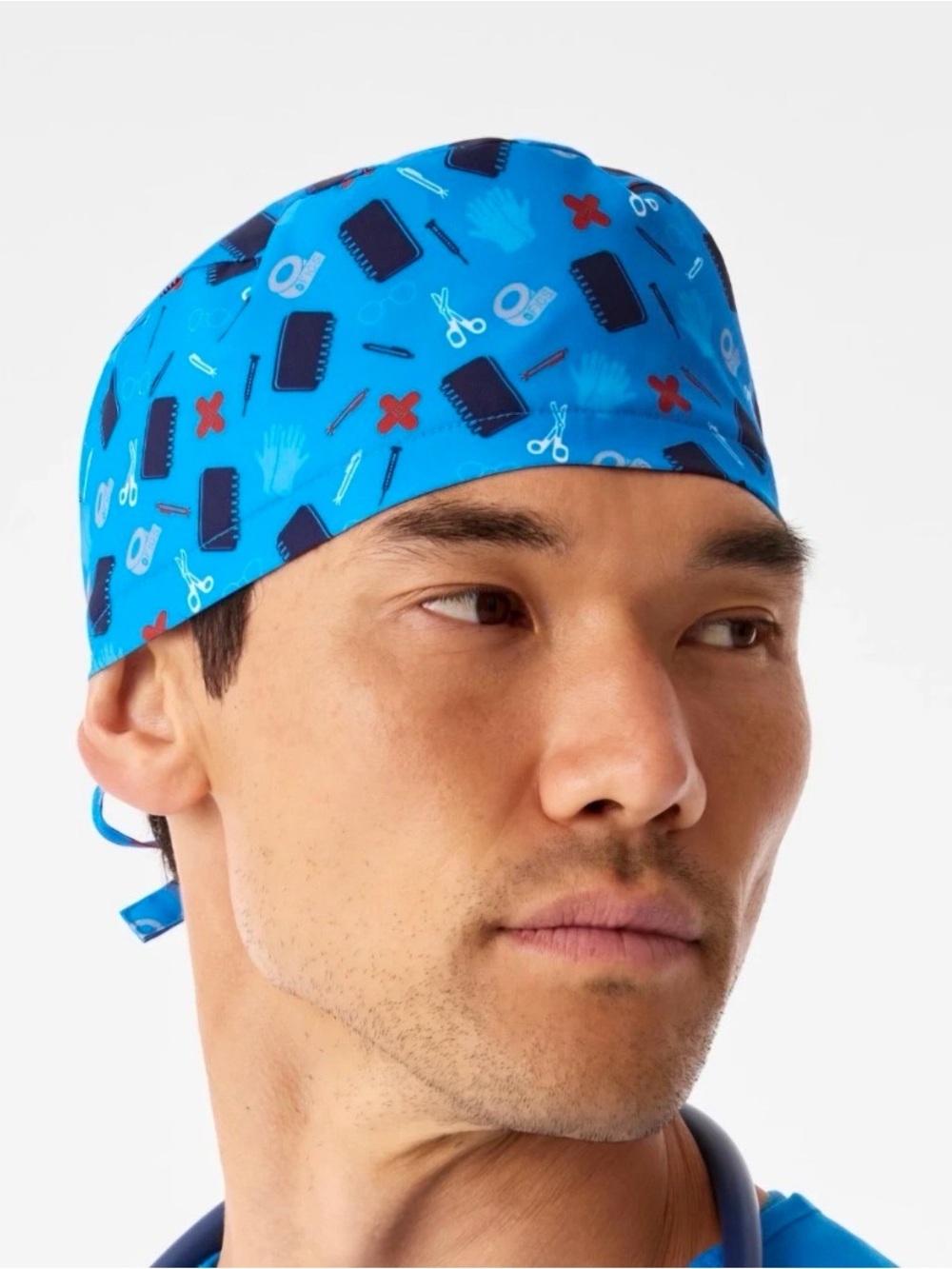 FIGS Modern Medical Print Scrub Cap Horizon Blue Buttonholes NEW IN PACKAGING